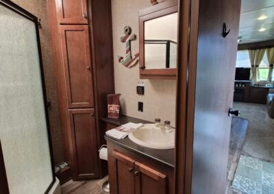 Image of Bathroom showing the sink, cabinets and shower.