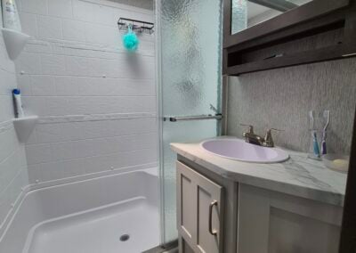 Image of main bathroom shows shower and sink with cabinets.