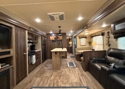 Inside of camper living room and kitchen view